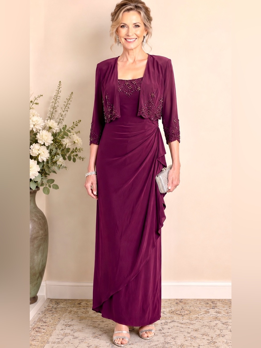 Alex Evenings Wine Burgundy Beaded Two-Piece Evening Gown Waterfall-Ruffle 10